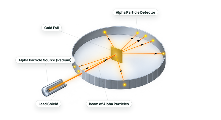 Interactive diagram showing Rutherford’s gold foil experiment setup including alpha particle source, gold foil, and detector