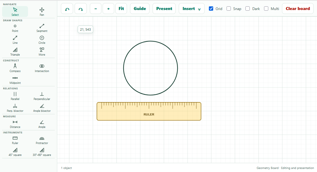 Screenshot of the Geometry Board showing various geometric figures like points, lines, circles, and polygons on an interactive smartboard.