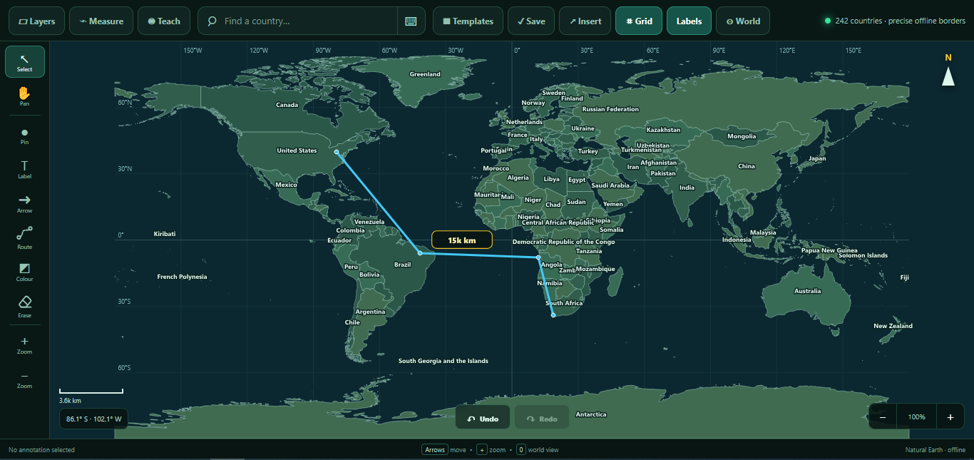 Interactive Geography Map Board showing world map with pins, labels and various geographic layers for teaching purposes