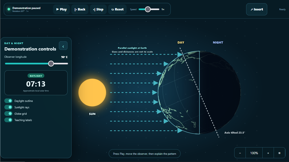 Illustration showing Earth with sunlight and darkness areas to demonstrate day and night cycle