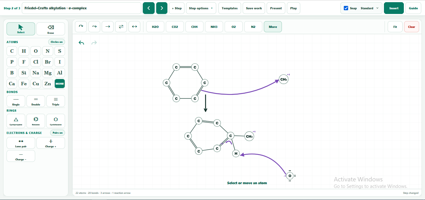 Screenshot of the Reaction Mechanism Board showing organic reaction steps with bonds, lone pairs, and curved electron-flow arrows