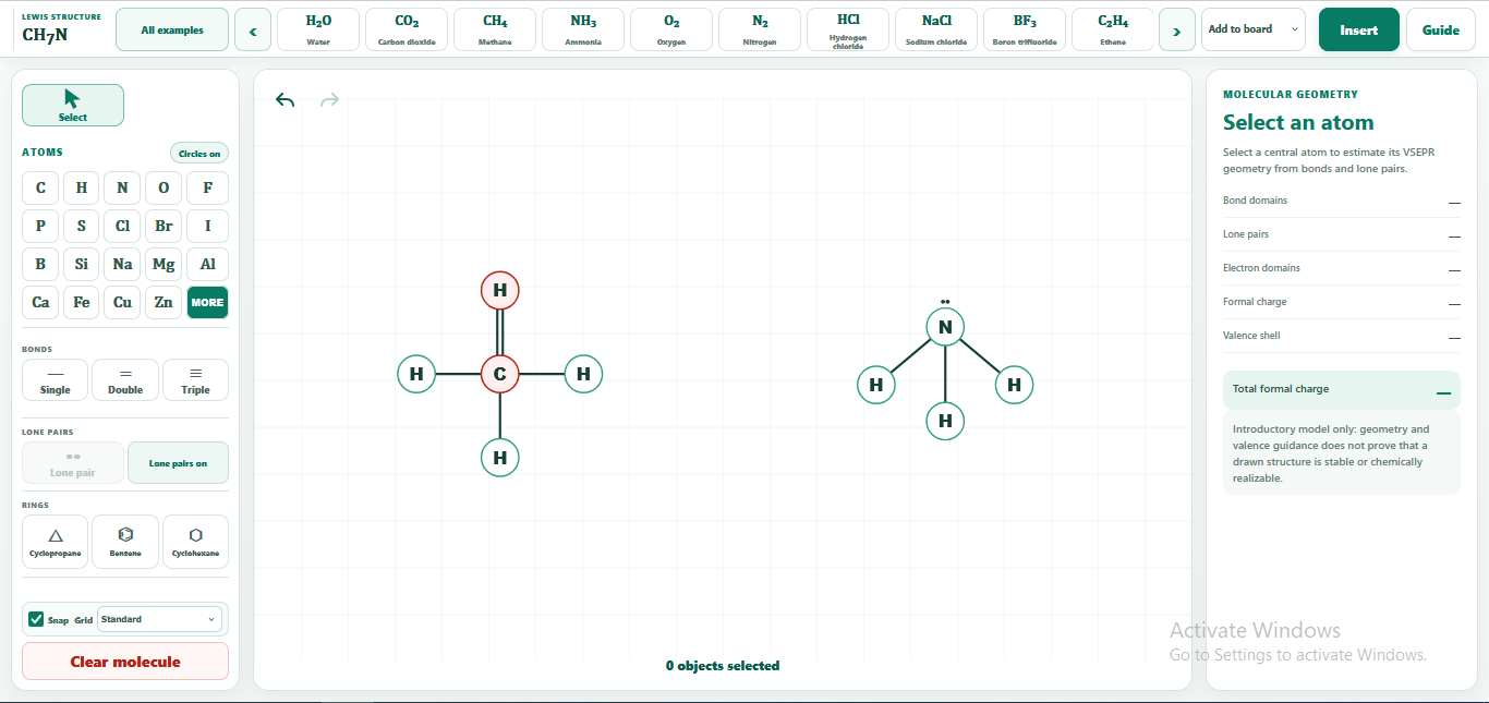 Screenshot of the Molecule Builder tool showing atoms connected by single, double, and triple bonds with electron pairs and molecular geometry diagrams.